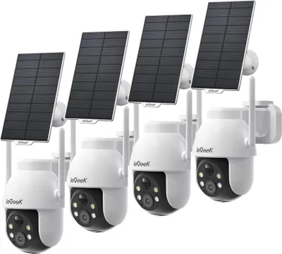 Image de 4 pièces 2K caméra de surveillance extérieure batterie, 360 °PTZ caméra de surveillance extérieure solaire, caméra extérieure avec vision nocturne couleur, PIR, 2 voies audio