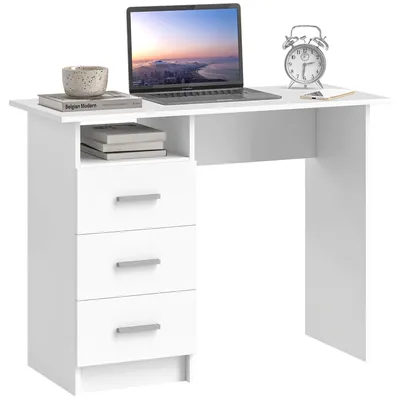 Immagine prodotto di Scrivania 100x40x75 cm con 3 Cassetti e Vano a Giorno in Legno Bianco