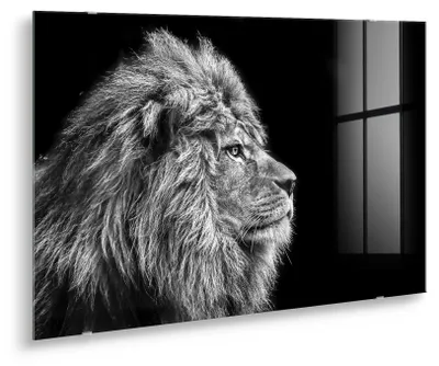 Obrázek produktu pro STYLER Skleněná nástěnná dekorace LVI 70x100 cm, skleněná obraz, motiv lva, moderní dekorace do obývacího pokoje, nástěnná dekorace, černobílá