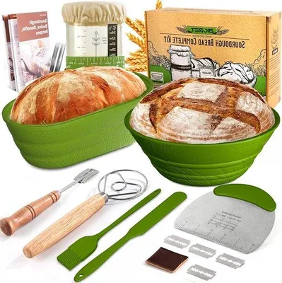 Obrázek produktu pro Sada košíků – Příslušenství k pečení chleba – Pečení kyselého těsta – Kompletní startovací sada – 23 cm a 26 cm – Zelená barva