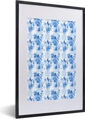 Produktbild von MuchoWow® MuchoWow® Gerahmtes Poster Blumen - Vögel - Blau 40x60 cm - Poster mit zchwarzem Bilderrahmen - Poster in Rahmen