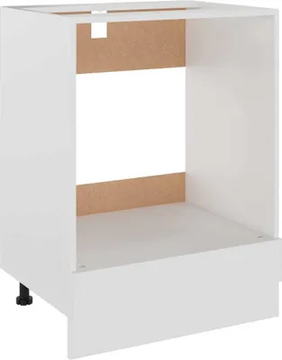 A white kitchen cabinet base unit with an open section in the middle and a drawer front visible at the bottom. It stands on black adjustable feet.