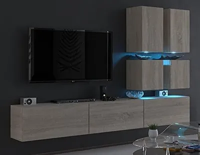 Produktbild von Furnitech Wohnwand Wohnzimmer - Wohnzimmer Möbel mit LED RGB - 16 Farben - Hängend Wohnwand Modern - Regale und TV Schrank (Future C76-M-S3 1A Sonoma Eiche)