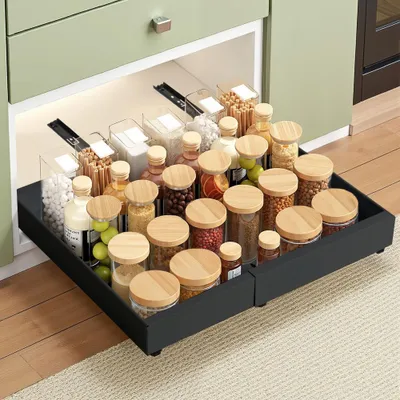 Produktbild von 1 x Schwarz Teleskopschublade Ausziehbar Küche Schublade Schrank Organizer ohne Bohren 32-52cm Breite x 53 cm Tiefe, KI-generiertes Bild