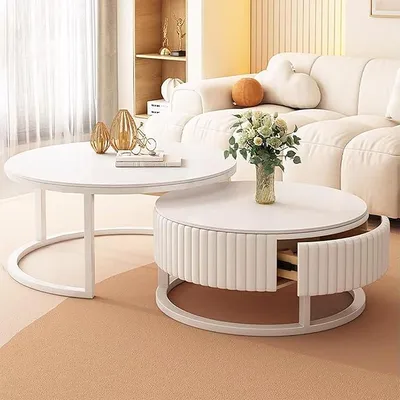 Obrázok produktu pre Sada dvoch okrúhlych konferenčných stolíkov, biela, priemer 50 + 70 cm. Biela konferenčná stolíková s úložným priestorom, mramorový povrch, stabilná kovová konštrukcia. Súprava stolíkov do obývačky, jednoduchá montáž, vhodné aj do spálne alebo kancelárie