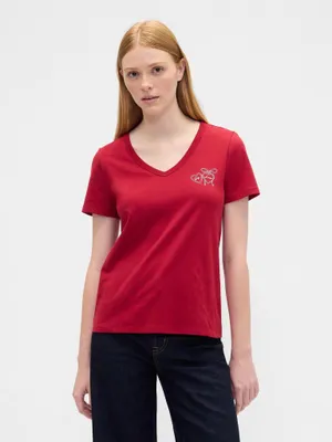 Produktbild von GAP Damen T-Shirt aus 100% Baumwolle, V-Ausschnitt, Kurzarm, mit Logo, Größe XXS
