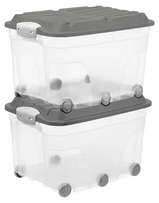 Produktbild von Rotho 2er Set Aufbewahrungsbox mit Rollen 57L Roller 6 - Kunststoffbox je 59,5 x 40,0 x 37,0 cm - Stapelbox mit Deckel - Boxen sicher verschliessbar