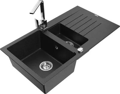 Produktbild von Mexen Matias 1,5-Becken-Granitspüle mit Abtropffläche und Mischbatterie Rita, Schwarz/Silbermetallic - 6502-73-670300-00