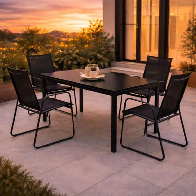 5tlg Gartenmöbel Gartengarnitur Outdoor Gartentisch 150x80cm + 4 x Stuhl Schwarz