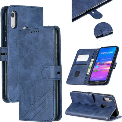 Produktbild von Für HUAWEI Y6 2019 Denim Muster Solid Color Flip Geldbörse Kunstleder Schutz Handyhülle mit Schnalle & Bracket blau