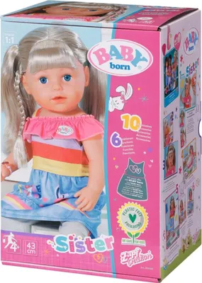 Produktbild von BABY born BB SISTER Puppe Blond, 43 cm, Vinyl. Trinkt Wasser, weint Tränen, badetauglich, bewegliche Knie, lange Frisierhaare. Batterielos. Mit Jeansoptik Kleidungsset & 10 Accessoires. Ab 4 Jahre. Fördert Rollenspiel, Fantasie, Motorik & Kreativität.