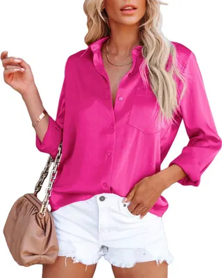 Image de ASKSA Femme Chemisier en satin Elégant Col en V Chemises Boutons Casual Travail Hauts, Rose, L