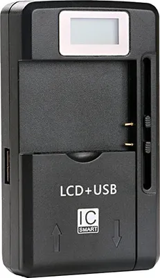 A black universal battery charger with an LCD screen and USB port.