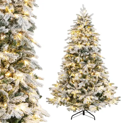 Zdjęcie produktu dla Sztuczne drzewko bożonarodzeniowe o wysokości 180 cm, pokryte śniegiem, z 260 ciepłobiałymi diodami LED i 1415 końcówkami gałęzi, wykonane z PE i PVC, z systemem składania, metalowa podstawa