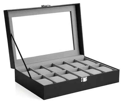 Produktbild von Uhrenbox mit Glasdeckel und Schloss, 12 Uhren, schwarz, 32 x 18,6 x 8,5 cm