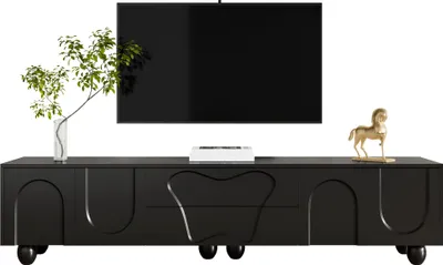 Produktbild von Schwarzer TV-Schrank mit Holzbeinen – 180 cm breit, matte Oberfläche, minimalistisches Design mit viel Stauraum, Schubladen und Fächern