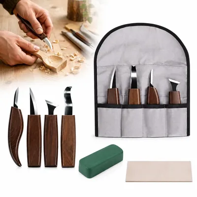 Produktbild von Holzschnitzwerkzeug Set 4-teilig, Schnitzmesser aus Kohlenstoffstahl mit Walnussholzgriff, für Holzschnitzen, DIY, Anfänger und Profis