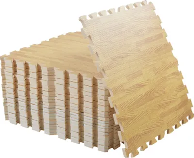 Produktbild von WISFOR 24PCS Schutzmatte + 48 Randstücke, Unterlegmatte Puzzlematte Fitness Bodenschutz Matte Bodenmatte Rutschfest, jedes Stück:60×60×1cm, helle Holzoptik