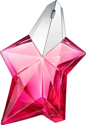 A star-shaped pink perfume bottle with a silver cap, isolated on a white background.