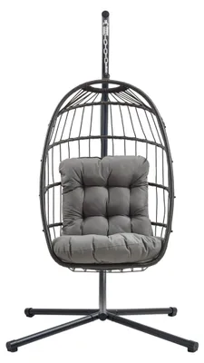 Immagine prodotto di Poltrona sospesa in rattan nero, dondolo da giardino, pieghevole, cuscino da 15 cm, struttura in acciaio, portata 150 kg, per interni ed esterni, terrazza, balcone, resistente ai raggi UV, con copertura impermeabile inclusa