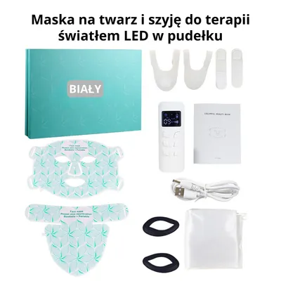 Zdjęcie produktu dla Maska LED do terapii światłem na twarz i szyję – 8 kolorów światła czerwonego i podczerwieni – Anti-aging, pory, trądzik, rozjaśnianie skóry – Biały