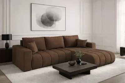 Image de Canapé d'angle avec fonction sommeil et coffre de lit MILO PREMIUM, tissu MONOLITH, marron clair, droite