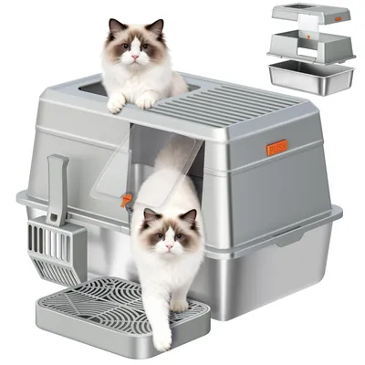 Produktbild von Edelstahl Katzenklo, XXL Geschlossene Katzentoilette, Hellgrau Katzentoilette mit Deckel, Inklusive Trittstufe und Schaufel, Leicht zu Reinigen