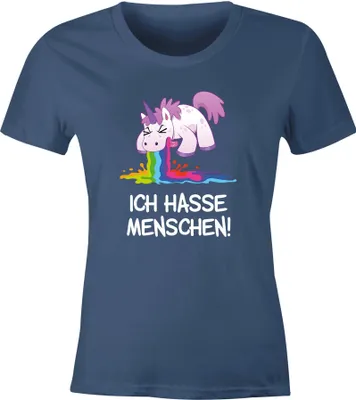 Produktbild von Damen T-Shirt Spruch Ich hasse Menschen kotzendes Einhorn Frauen Fun-Shirt lustig Moonworks® denim XS