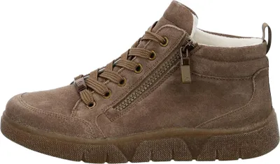 A single brown high-top sneaker is shown from the side against a white background.