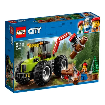 The image shows the packaging of a LEGO City Forest Tractor set, with the toy tractor and minifigures depicted on the box.