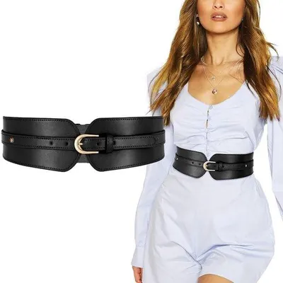 Image de Ceinture élastique pour femme à large bordure, 70 x 7,8 cm, taille ajustée, pour un tour de taille de 70 à 83 cm, pour vêtements, noir, simili cuir