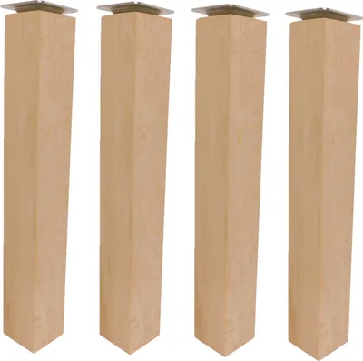 Four wooden furniture legs with metal tops are arranged in a row against a white background.