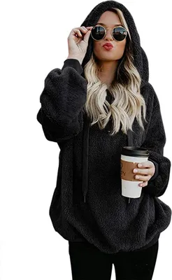 Obrázek produktu pro ASKSA Dámský svetr s dlouhým rukávem Zimní mikina s kapucí Teplý Teddy Fleece Oversize Hoodie Tops, černá, M