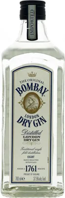 A clear, well-lit studio shot of a Bombay London Dry Gin bottle against a white background.