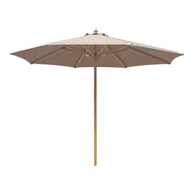A beige patio umbrella with a wooden pole is shown against a white background.