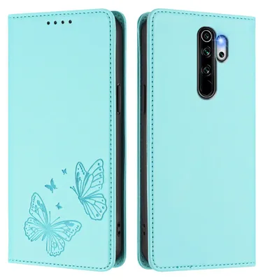 Obrázek produktu pro Kožené pouzdro pro Xiaomi Redmi Note 8 Pro, motýlí ražbou, peněženkové flip pouzdro se stojánkem Mátově zelená