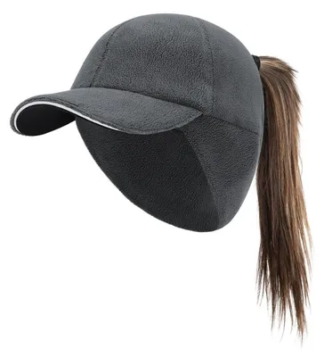 Produktbild von Basecap mit Ohrenschutz für Damen, dehnbares Fleece, Ponytail-Öffnung, XS-S, Dunkelgrau