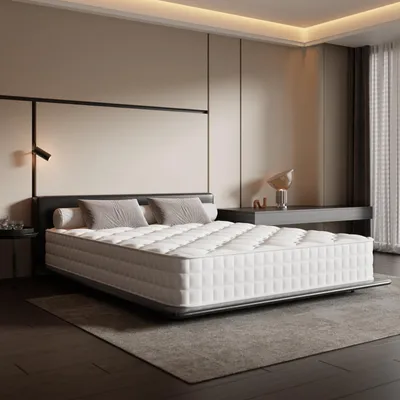 A modern bedroom with a large mattress on a bed frame.