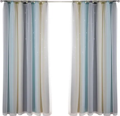 Two curtains hanging on a rod against a white background.