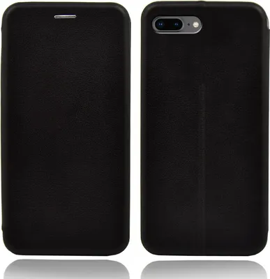 A black flip case for a smartphone is shown from the front and back.