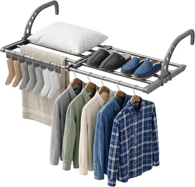 Produktbild von Ausziehbarer und faltbarer Wäscheständer für Balkon und Heizkörper, 38-55 cm | Wand- und Hängetrockner mit windfesten Sockenklammern