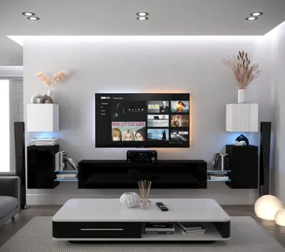 Produktbild von Furnitech Wohnwand Wohnzimmer - Wohnzimmer Möbel mit LED Weiß - Hängend Wohnwand Modern - Wohnzimmer Schrankwand mit Regale und TV Schrank (AN105-21WB-HG4 1C)