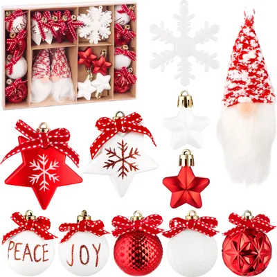 Produktbild von BRUBAKER 24-tlg. Christbaumschmuck Rot und Weiß - Weihnachtskugeln mit Wichtel Zwergen, Joy und Peace Kugeln, Schneeflocken und Sterne - Baumschmuck