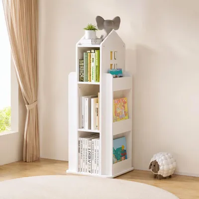 Drehbares Kinderbücherregal, Hausform, 3 Ebenen, 40x40x95 cm