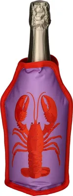 A champagne bottle inside a cooler sleeve with a lobster design.