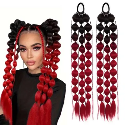 Produktbild von Pferdeschwanz Haarteil 60 cm - 2 Stück Kunsthaar Haarverlängerung - Geflochtener Zopf mit Haargummi - Clip Haarteil für Damen Mädchen - Rot Ombré