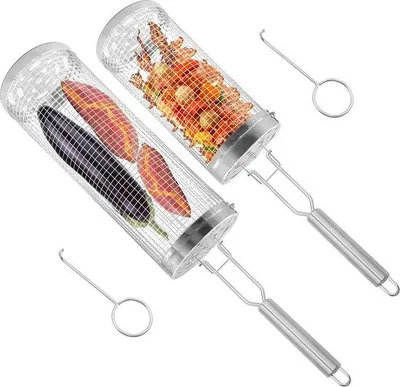 Produktbild von 2 Edelstahl Grillkörbe mit abnehmbarem Griff, für Gemüse, Outdoor