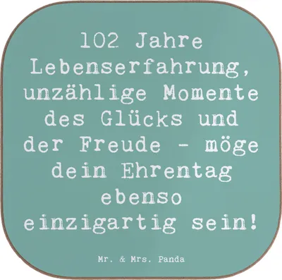 Produktbild von Mr. & Mrs. Panda Untersetzer für Gläser Spruch 102. Geburtstag Glück - Meeresbrise - Geschenk, Alter, Ehrentag, Geburtstagsspruch, Becheruntersetzer, Tischuntersetzer