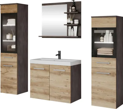 Produktbild von MIRJAN24 Badmöbel-Set Madrit I, Badezimmer-Set mit Spiegel und Waschbecken (Farbe: Matera / Kastanien Breslau, mit Siphon, mit weißer LED Beleuchtung)