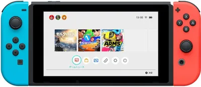 Productafbeelding van Nintendo Switch console, met verbeterde batterijduur, in de kleuren neonrood/neonblauw